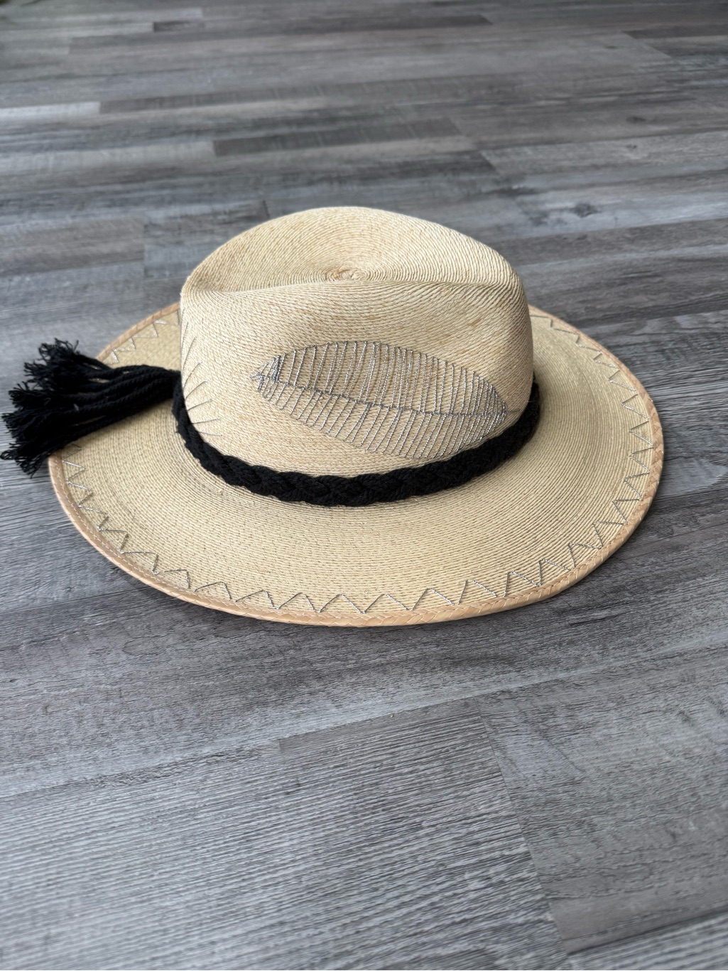 Straw Wide-Brim Sun Hat With Black Braided Band
